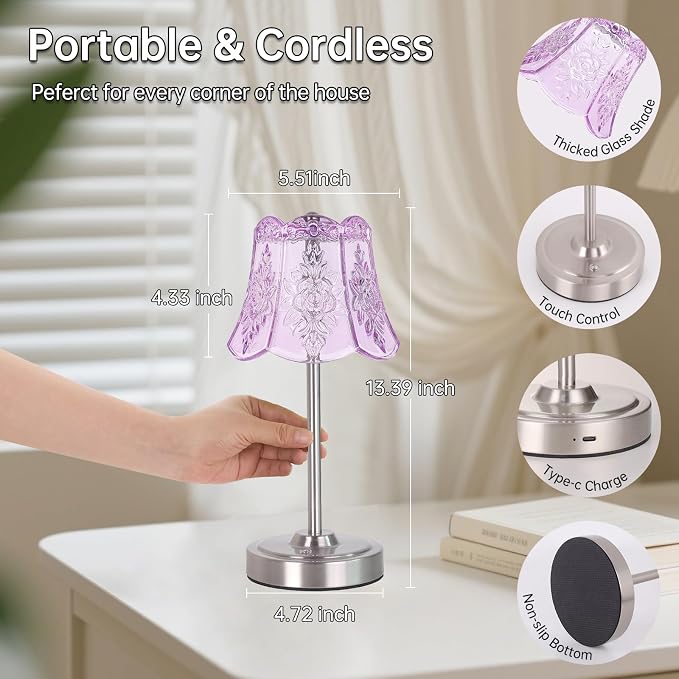 Shenmoyl Cordless Touch Table Lamp with 5200mAh Battery - 3 Adjustable Color Temperatures & Dimmable, Rechargeable Desk Lamp for Bedroom, Living Room, Office, Entryway, Bookshelves (Clear Purple Rose)
