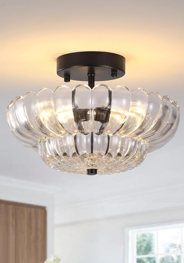 Semi Flush Mount Ceiling Light, Vintage Black Close to Ceiling Light Fixture with Glass Shade, Mid Century Modern Lighting for Bedroom Hallway Kitchen Laundry-Clear