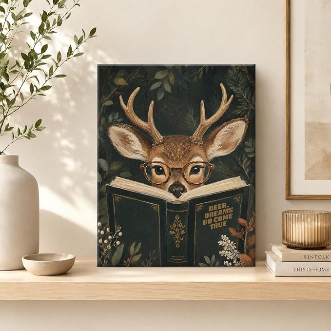 NSFBESSLIA Funny Reading Deer Painting, Whimsical Forest Animal Decor, Deer Dreams Do Come True, Cottagecore Wall Art for Living Room Bedroom Entryway, 8x10 Inch