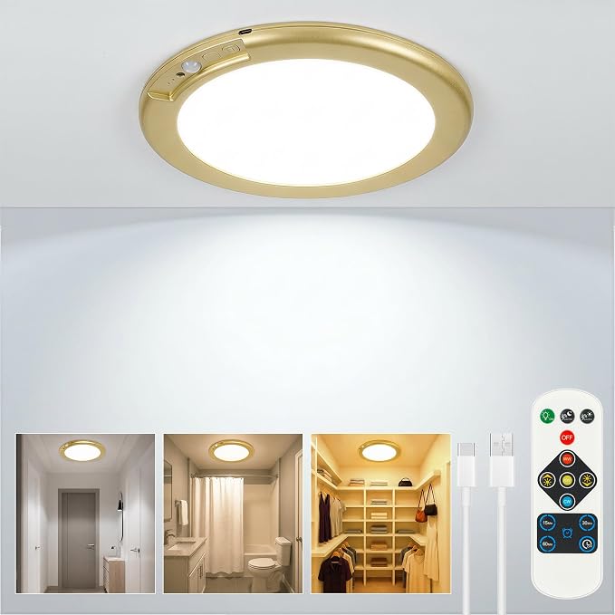 Gold Wireless Closet Lights Motion Sensor Rechargeable Ceiling Light Indoor | Battery Operated Led Night Lights for Bedroom with Remote, Living Room Bathroom Home & Kitchen Decor Lighting