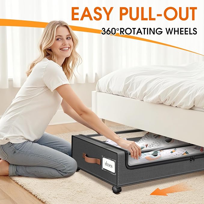 Under Bed Storage with Wheels 3Pack Storage Containers with Clear Window | Under Bed Drawers Rolling Under Bed Storage for Clothes,Shoes, Blankets (30.71 x 16.93 x 6.69 in, Dark Grey)
