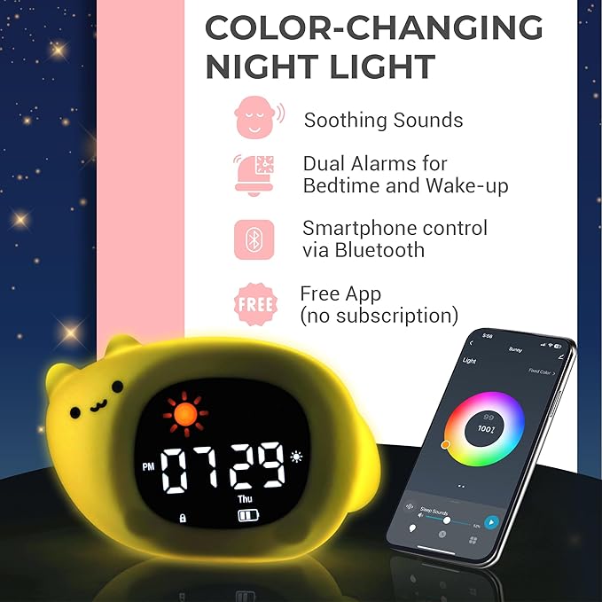 Bumble & Bright Kids Sleep Trainer with App Control - OK to Wake Clock for Kids Ages 4+, Color-Changing Night Light, Alarm & Sound Machine, Simple 1-Routine Setup, Free App, USB-C
