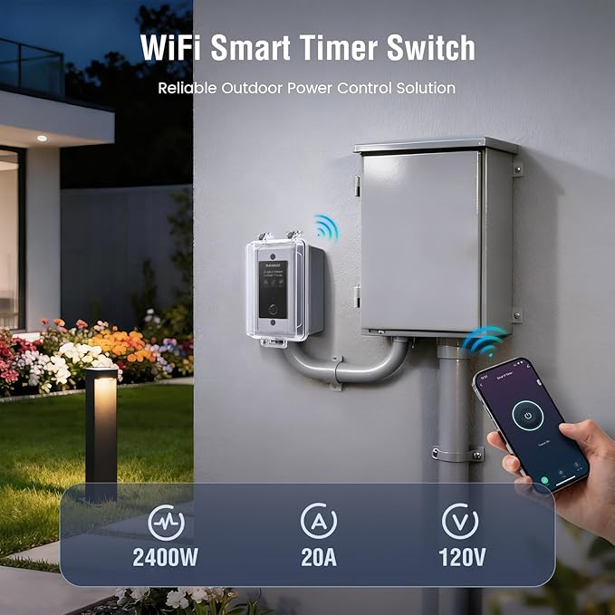 20A Heavy-Duty Outdoor WiFi Smart Timer Switch App/Voice Control | 120V 1HP Hardwired Timer, Alexa Google Compatible, Remote On/Off, Programmable Schedules for Pool Pumps Water Heaters Lights