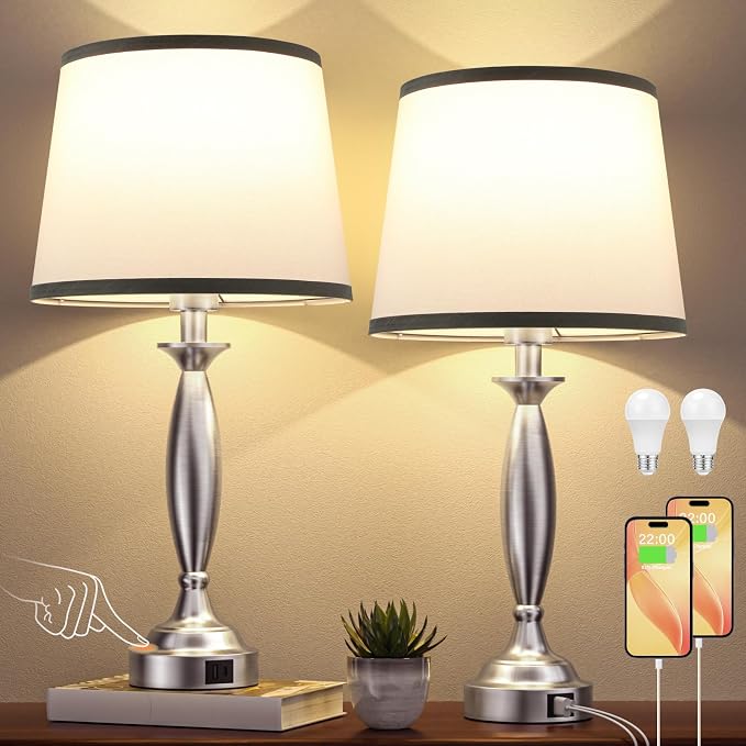 Bedroom Lamps for Nightstand, 3 Way Dimmable Silver Bedside Lamps with USB | Touch, USB C+A Ports, Bulb Included, Grayish-white Shade, Silver, Chrome, Bed Side lamps for Night Stands, Living Room