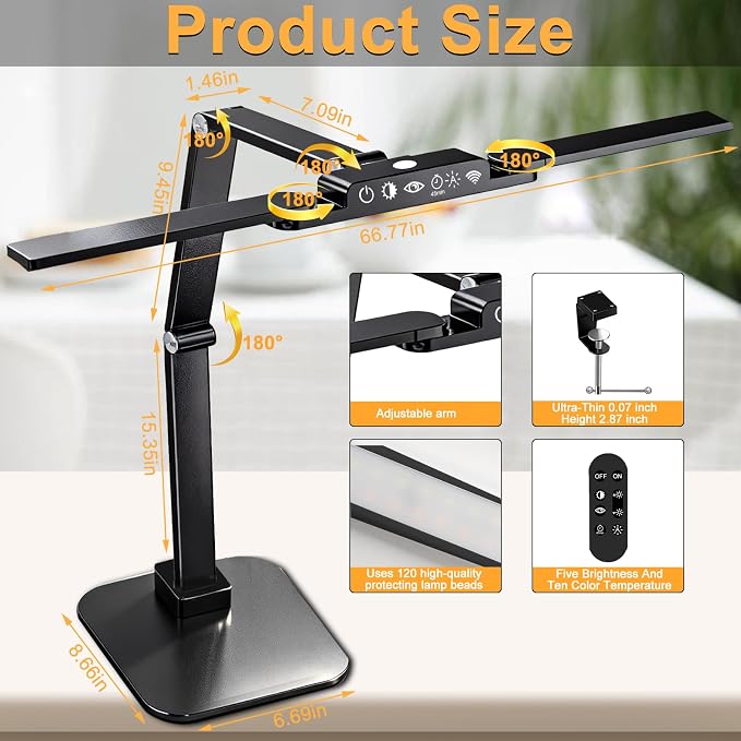 24W LED Desk Lamp with 2-in-1 Weighted Base & Clamp, 26.8" Dual Monitor Light Bar, Remote, Eye-Caring Red Light Beads, Stepless Dimming, Adjustable Architect Swing Arm for Home Office, Black | Weighted base option, remote control, eye-caring red beads,...