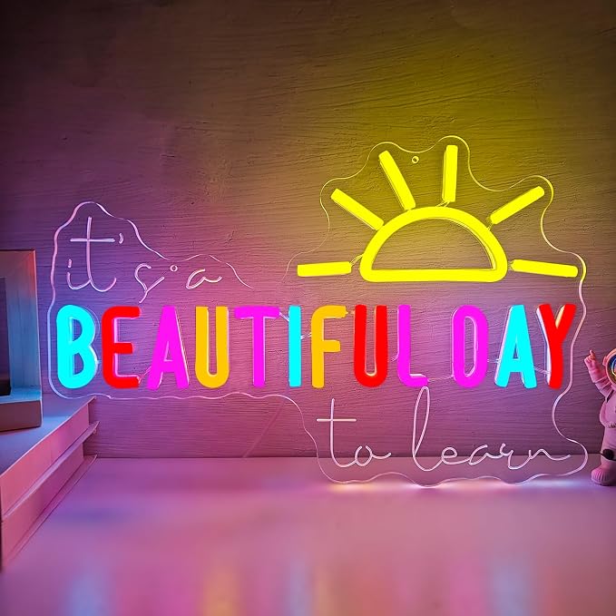 It's A Beautiful Day to Learn Neon Sign Classroom Neon Light for Library USB Powered Reading LED Signs for Classroom Reading Corner Colorful Study Noen Wall Art for Kids Teacher Beautiful Day Gifts for Back to School