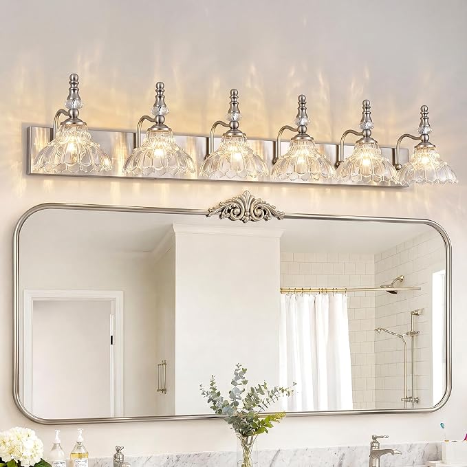 Vintage Bathroom Vanity Light, 6-Light Brushed Nickel Vanity Lighting Fixture with Flower Glass Shade, Bathroom Lighting Fixtures Over Mirror