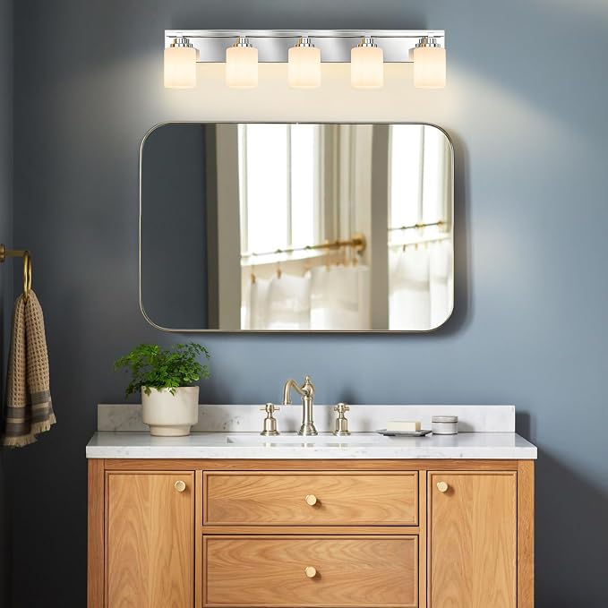Modern Bathroom Lighting Fixtures Over Mirror, Vanity Lights for Bathroom, Wall Sconces with Milky White Glass Shades, E26 Ceramic Socket, 5-Light 35.4-inch Chrome