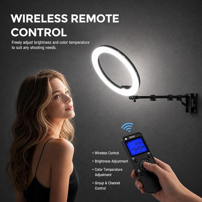 18” Ring Light with Wall Mount Stand and Wireless Remote, 4 Color Filters Bi-Color LCD Display 60W 3000-5800K CRI≥97 Light Ring for Video Recording/Photography/Beauty Shop/Tattoo/Barber