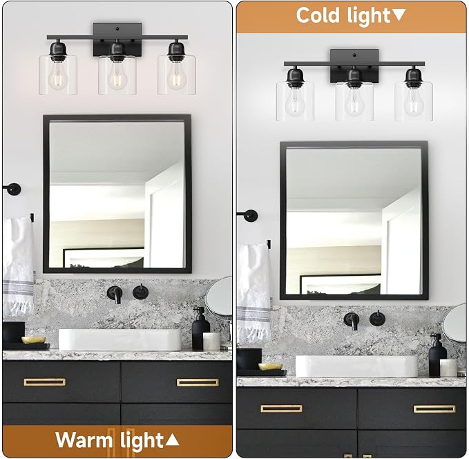 Modern 3 Light Bathroom Light Fixtures, 19 inch Black Vanity Lights For Bathroom With Clear Glass, Bathroom Lighting Fixtures Over Mirror For Mirror Kitchen Living Room Hallway Cabinet Porch