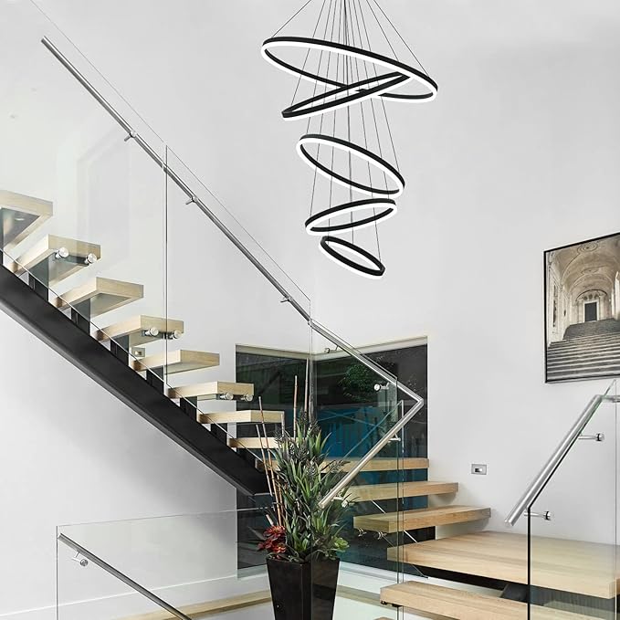 5-Rings Modern LED Chandelier Black Dimmable High Ceiling Chandelier for Dining Room with Remote Control for Foyer Living Room Entryway Staircase(D31.5’’, 3000K-6500K)