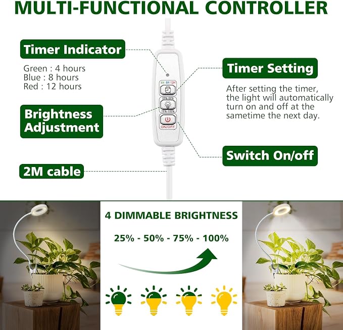 LORDEM Grow Light,Full Spectrum Pot Clip LED Plant Growth Light with Auto On/Off Timer 4/8/12H,Plant Lamp with 360°Rotatable Gooseneck, 4 Dimmable Brightness, Ideal for Small Indoor Plants, 1 Pack