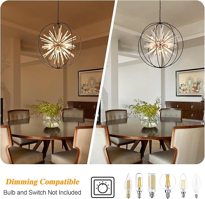 31.5" Black Gold Large Globe Sputnik Chandelier, 16-Light Mid Century Modern Industrial Starburst Golden Satellite Light Fixture for High Ceiling Living Room Dining Room Foyer Stairway,E12