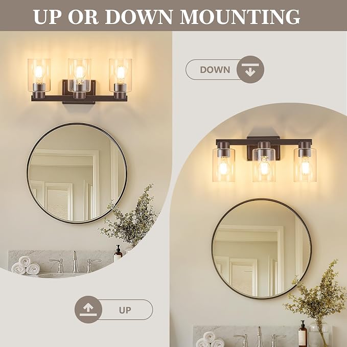 3-Light Bathroom Light Fixtures with Clear Glass, Oil Rubbed Bronze | Vanity Lights, Modern Wall Sconces, Over Mirror for Bathroom, Powder Room, Living Room
