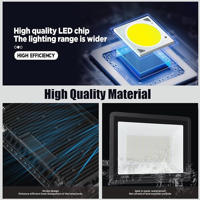 4Pack LED Flood Light Outdoor,250W LED Work Light 25500lm with 6FT US Plug,IP66 Waterproof Exterior Security Lights,6000K Daylight White Outside Floodlights Slim Design for Playground Yard