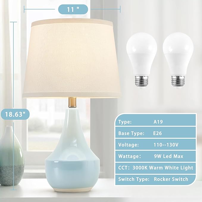 GyroVu 18" Table Lamp Set of 2, Ceramic Lamp Classic Beside Lamps Nightstand Lamp Modern Cute Lamp for Living Room, Bedroom & Office Rocker Swtich Sky Blue-LED Bulbs Included