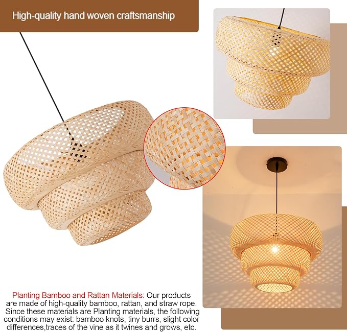 18.5" Bamboo Pendant Light,Rattan Chadelier | Hand-Woven Bamboo Rattan Chandelier Shade for Dining Living Bedroom Kitchen Farmhouse 1-Pack