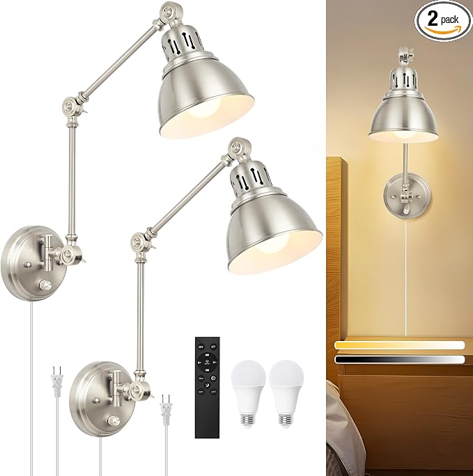 2 Pack Plug in Wall Sconces with Remote, Dimmable, Adjustable Colors, Swing Arm Wall Lamps, Wall Sconces Set of Two with Timer & Night Light, Plug-in or Hardwired (Brushed Nickel, With Bulbs+Remote)