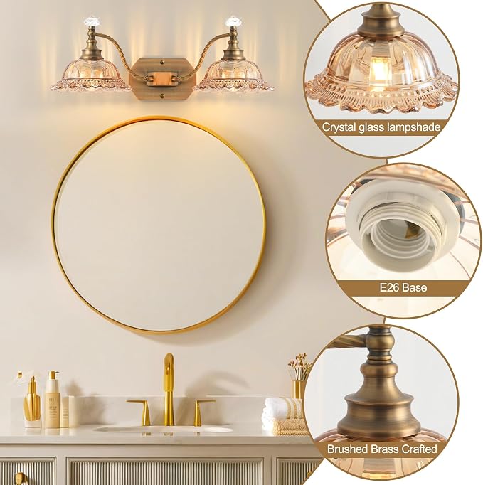 Vintage Bathroom Light Fixtures, 2 Light Brass Vanity Lights with Champagne Crystal Glass Flower Shade, Retro Wall Sconce for Bedroom, Living Room, Hallway