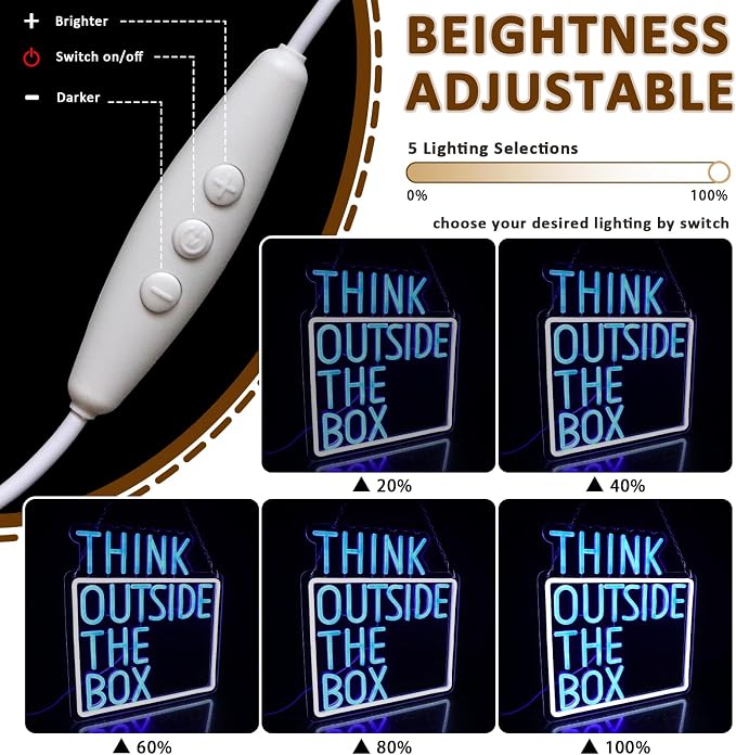 Think Outside The Box Neon Sign for Wall Decor, Creative Thinking Led Signs for Bedroom, USB Dimmable Neon Lights for Classroom Home Club Motivational Quote Office Wall Art