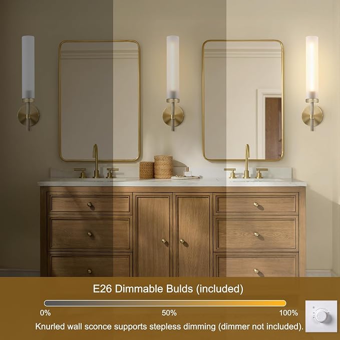 Brass Hardwired Frosted Glass Bathroom Wall Sconces 2 Pack, Modern 20'' Indoor Knurled Wall Sconce, Glass Vanity Light, for Living, Bedroom, Hallway, Staircases,Bulb Included