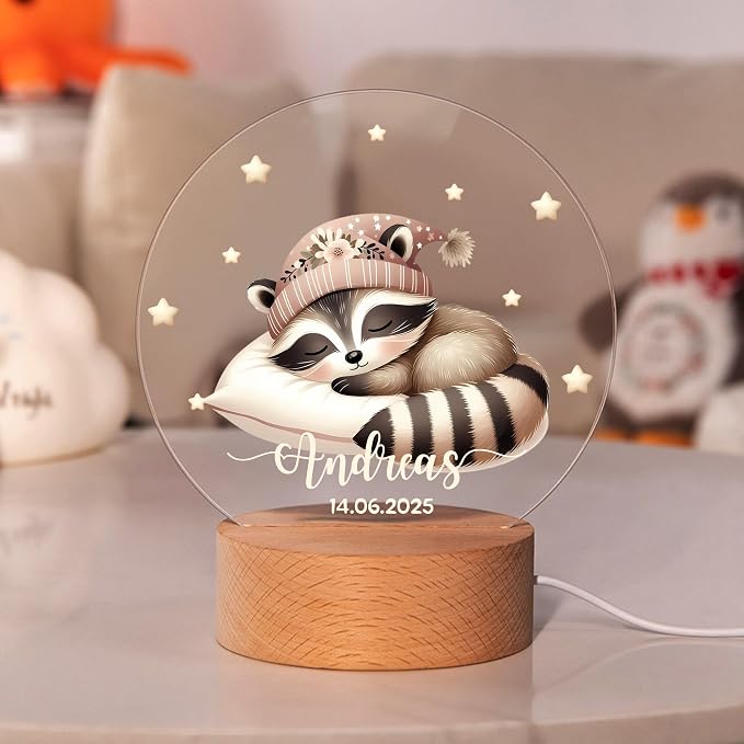 Personalized Sleeping Animals Night Light for Kids, Custom Name and Date LED Light with Wooden Base Nursery Decor Christmas Gift for Kids