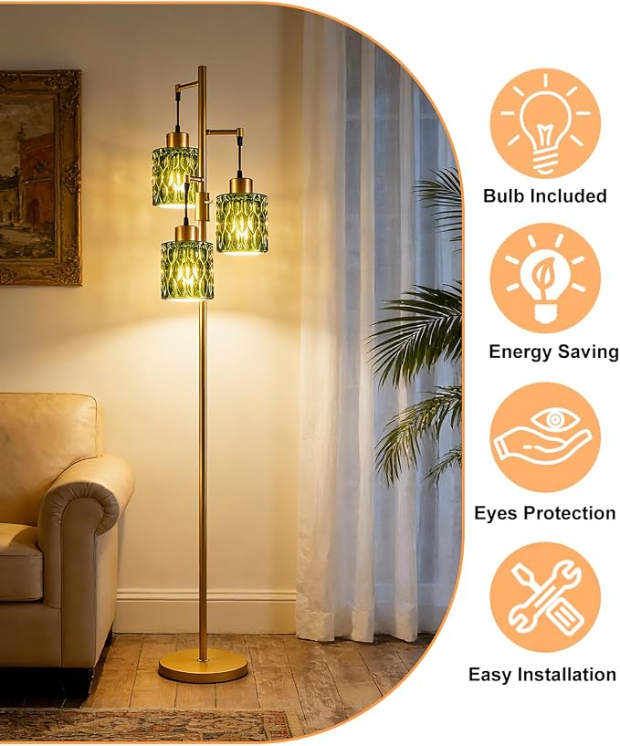 Lightdot 67" 3-Light Glass Floor Lamp for Living Room, Dimmable with Green Glass Shade & E12 Bulbs Included, Mid Century Standing Tall Lamp with 5Lbs Heavy Base for Bedroom/Sofa Beside/Corner - Gold