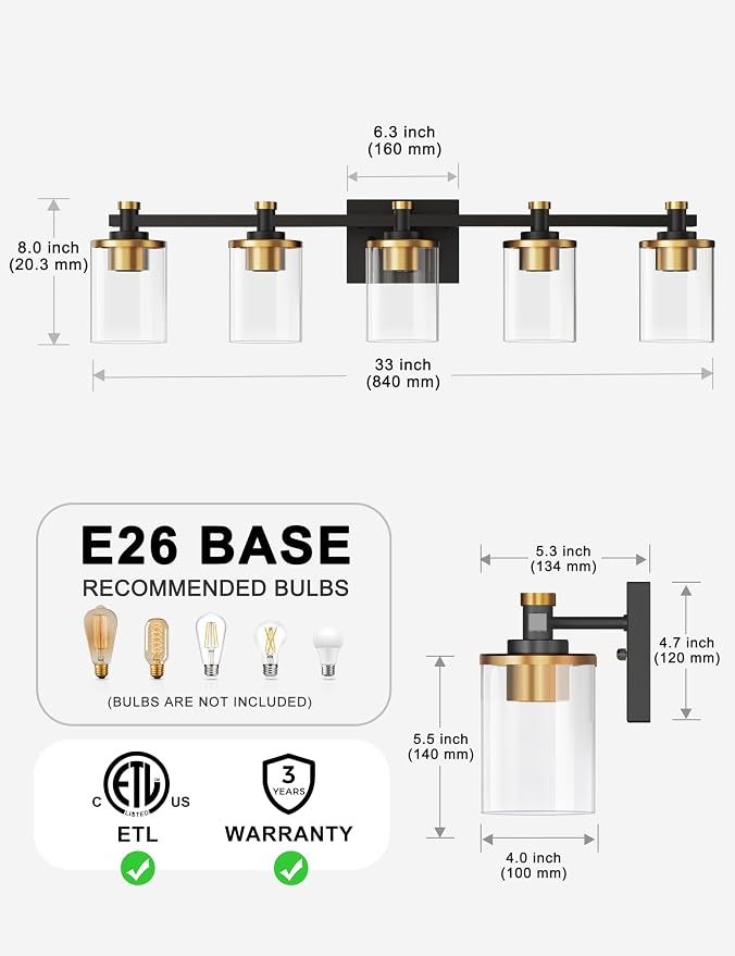 Bathroom Light Fixture, Bathroom Vanity Light Over Mirror, 5-Lights | Vanity Lights for Bathroom, Modern Lighting Fixtures with Clear Glass Shade, Black and Gold Vanity Lights, ETL Listed