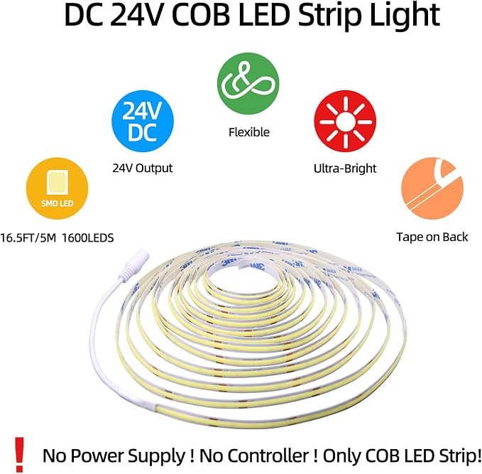 LED Strip Lights 24V Daylight White 6000K, 3 Pack (No Power Supply) | COB Super Bright, 16.4ft Dotless High Density, 14W/m 8mm Width, Cuttable Flexible for Home DIY Commercial Lighting Projects