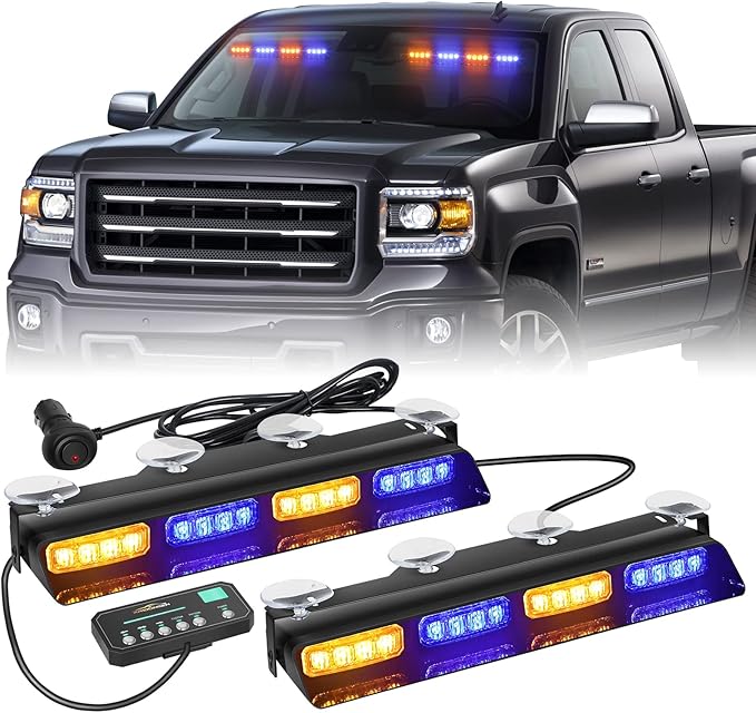 XRIDONSEN Amber Blue Emergency Dash Strobe Lights Safety Flashing Warning Hazard Interior Front/Rear Windshield Deck Split Light Bar w/Digital Display Controller for Construction Vehicles Trucks