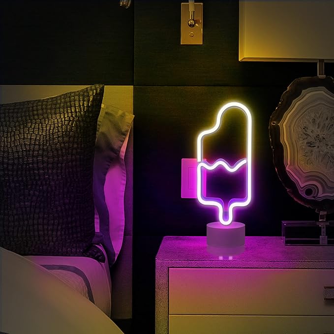 Lumoonosity Popsicle Neon Light - Popsicle Neon Sign for Bedroom, Desktop, Tabletop Decor - Battery/USB Powered Popsicle Lights - Ice Cream Night Light Lamp with Stand- Pink & Warm White Led Signs