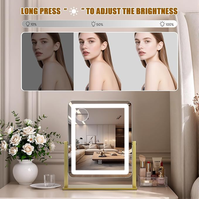 Rechargeable Vanity Mirror with Lights, 3000mAH Battery, 15"×12.2" LED Makeup Mirror, 10X Magnification, Smart Touch with 3-Color Lighting, 360° Rotation, Lighted Up for Makeup Desk, Bedroom (Gold)