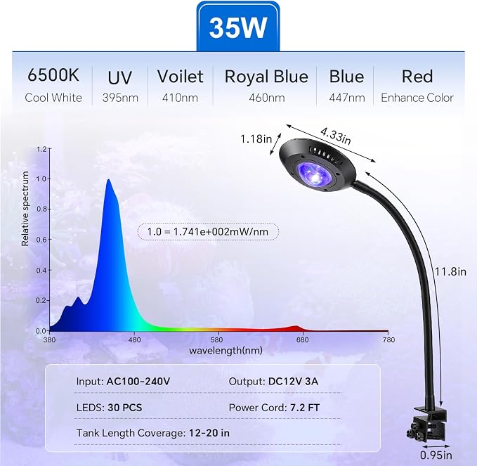 hygger Saltwater Aquarium Light - 35W Dimmable Full Spectrum with 3 Light Modes & Timer, 24/7 Auto Cycle for Refugium, Soft Corals, LPS Marine Tanks, Flexible Gooseneck Mount with Clip