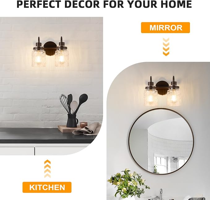 2 Lights Hammered Glass Bathroom Vanity Light, Oil Rubbed Bronze | Easy Installation,Up or Down,Farmhouse Modern Style,E26 Socket,ETL Certification