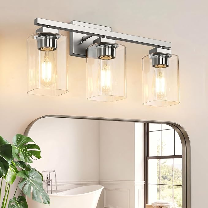 19” Bathroom Light Fixtures, 3-Light Vanity Light Brushed Nickel | Square Clear Glass & Durable Metal, Quick & Easy Installation, Standard E26 Socket, Bright Bathroom Lighting