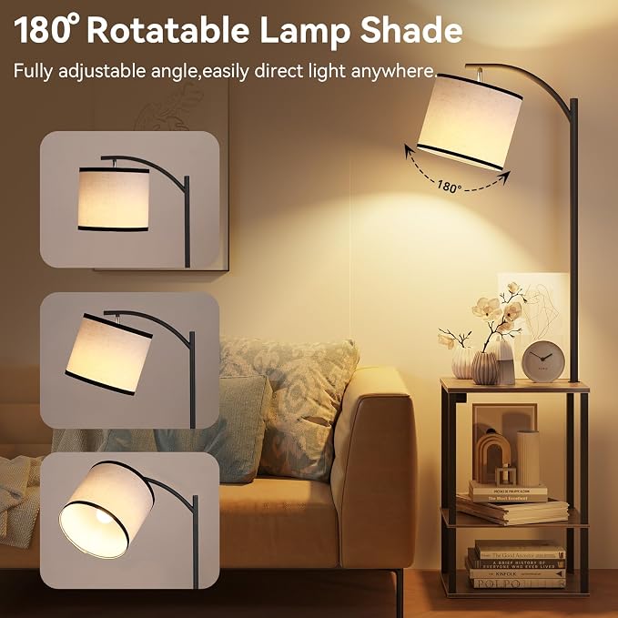SUNMORY Floor Lamp with Table Shelves, End Side Table for Living Room | USB & AC Charging Stations, 3 Color Temperature 9W LED Bulb, Adjustable Shade, Modern Nightstand Lamps for Bedroom Office