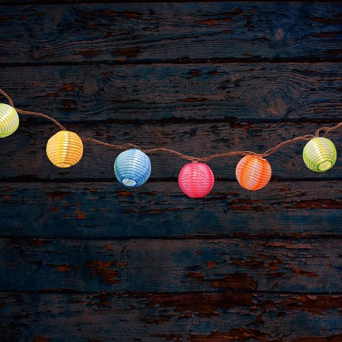 Abeja Nylon Lantern String Lights 8.5 Ft Colorful Print Pattern Light with 10 Multicolor Lanterns for Garden Decorative Lights Indoor Outdoor Patio Party Wedding Bistro Bar Backyard, White Wire
