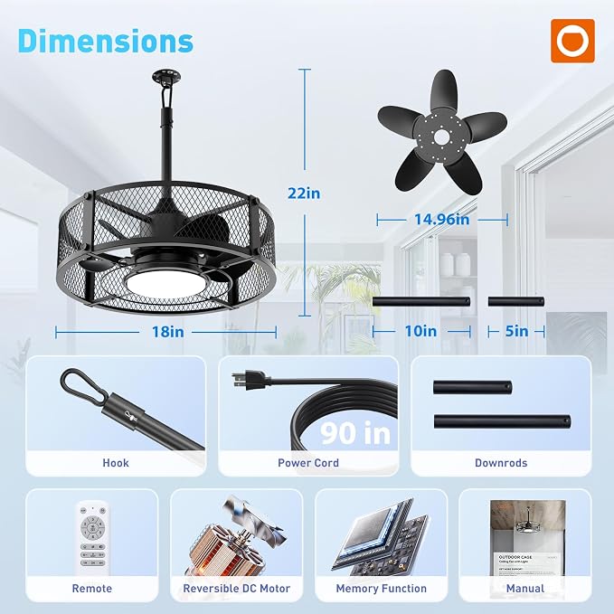 addlon 20" Outdoor Ceiling Fan with Light for Patio, IP65 Plug in Caged Fan | Waterproof, Hanging Hook, Reversible DC Motor, 6 Speeds, Remote Control, Quiet Operation, Timer, for Gazebo, Patio, Porch