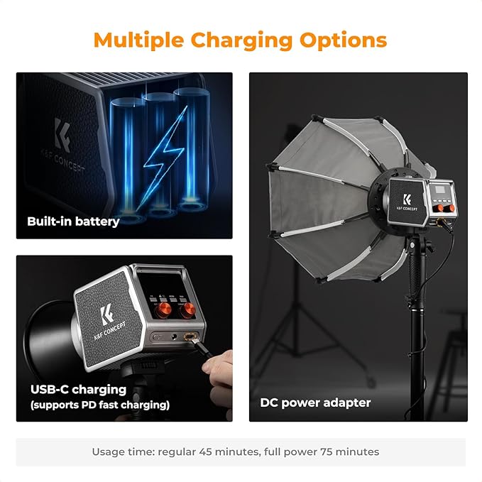 K&F CONCEPT 60W Bi-Color COB Video Light with Handle & App Control | 4500mAh Battery, Type-C PD Fast Charging,12 Light Effects, Lighting for Photography PL-60B