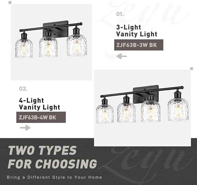 zeyu Bathroom Black Vanity Light, 21'' Black Bathroom Light Fixture 3 Light, Modern Vanity Lamp with Clear Hammered Glass, ZJF63B-3W BK