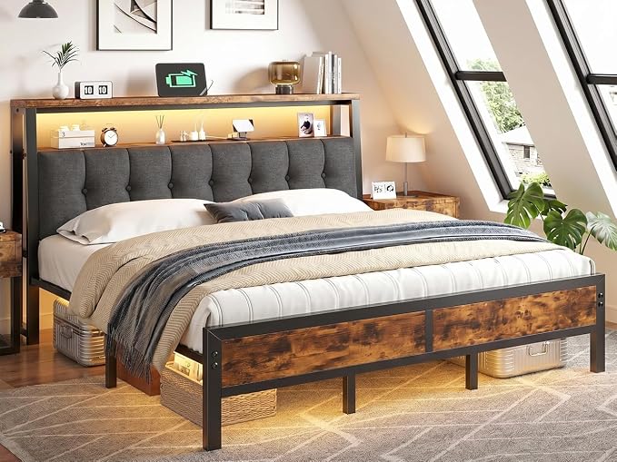 Homkdom King Bed Frame with Storage Headboard & Charging Station | Upholstered Linen, 2-Tier Shelf, 2 AC Outlets, Type-C,RGB LED Remote, 12in Underbed Clearance, 1100 lbs, No Box Spring, Brown