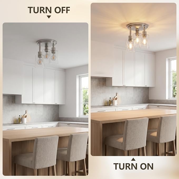 Semi Flush Mount Ceiling Light, 3 Light Close to Ceiling Light Fixtures, Brushed Nickel Finish Kitchen Light Fixtures with Clear Glass Shades, Modern Hallway Light Fixtures Ceiling Mount, 8.8"X11"