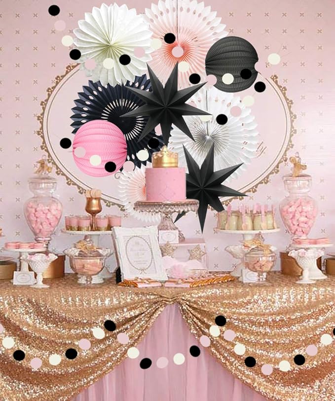 Pink Black White Party Decorations for Girls Women Minnie Mouse First Birthday Decoration Wedding Bridal Baby Shower Hanging Tissue Paper Fans Circle Garland Paper Lanterns