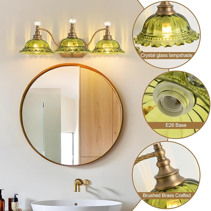 Vintage Bathroom Light Fixtures, 3 Light Brass Vanity Lights with Green Crystal Glass Flower Shade, Retro Wall Sconce for Bedroom, Living Room, Hallway