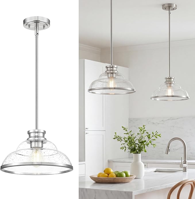 kudos 11" Brushed Nickel Seeded Glass Pendant Light, KDPL14-BN | E26 Bulb Base, Hardwired, Farmhouse Styling, Adjustable Hanging Rods for Flat or Sloped Ceilings, for Kitchen Bars