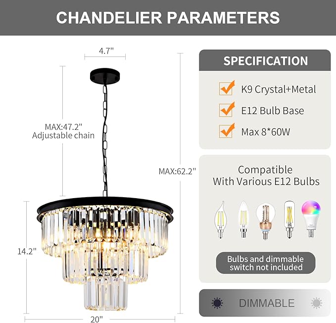 8 Light Modern Crystal Chandelier 20'' Black Chandeliers for Dining Room Contemporary Pendant Light Fixture Round 3-Tier Adjustable Height E12 for Living Room, Foyer, Entryway, Bedroom