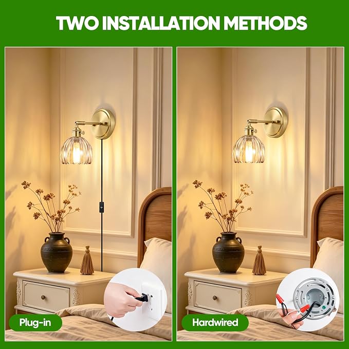 Plug in Wall Sconces Set of Two, Vintage Wall Lights with 5.58FT Plug in Cord, Adjustable Angle Bedside Wall Lamps with Amber Tulip Glass Shade, Gold Wall Light for Bedroom Living Room Hallway