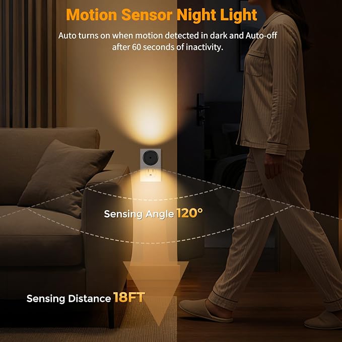 TSEXES LED Motion Sensor Night Light,Plug into Wall Night Light,4-Pack | Dusk to Dawn Sensor, 90° Rotating Plug,Auto On/Off, 3000K Soft White, 100 Lumens, Non-Dimmable