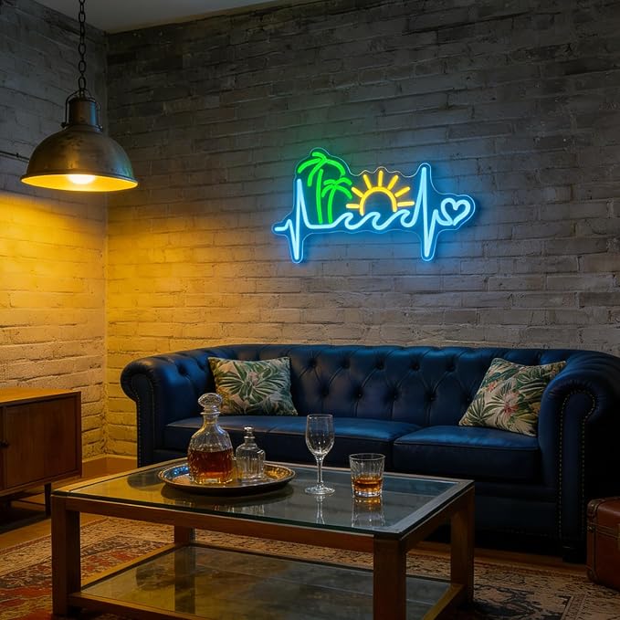 Sunset Neon Sign Dimmable Tropical Neon Light Tiki Bar Living Room Decor | Dimmable Ocean Wave and Palm Tree Theme Decor for Bedroom Patio Bar Party Beach House Tropical Style and Summer Gift Ideas
