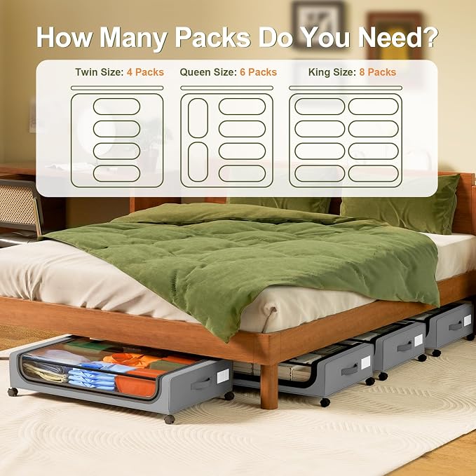 GoMaihe Under Bed Storage with Wheels 48L Grey 2-Pack | Rolling Bins for Shoes Clothes in Dorm Bedroom - Metal Drawers Easy Pull-out